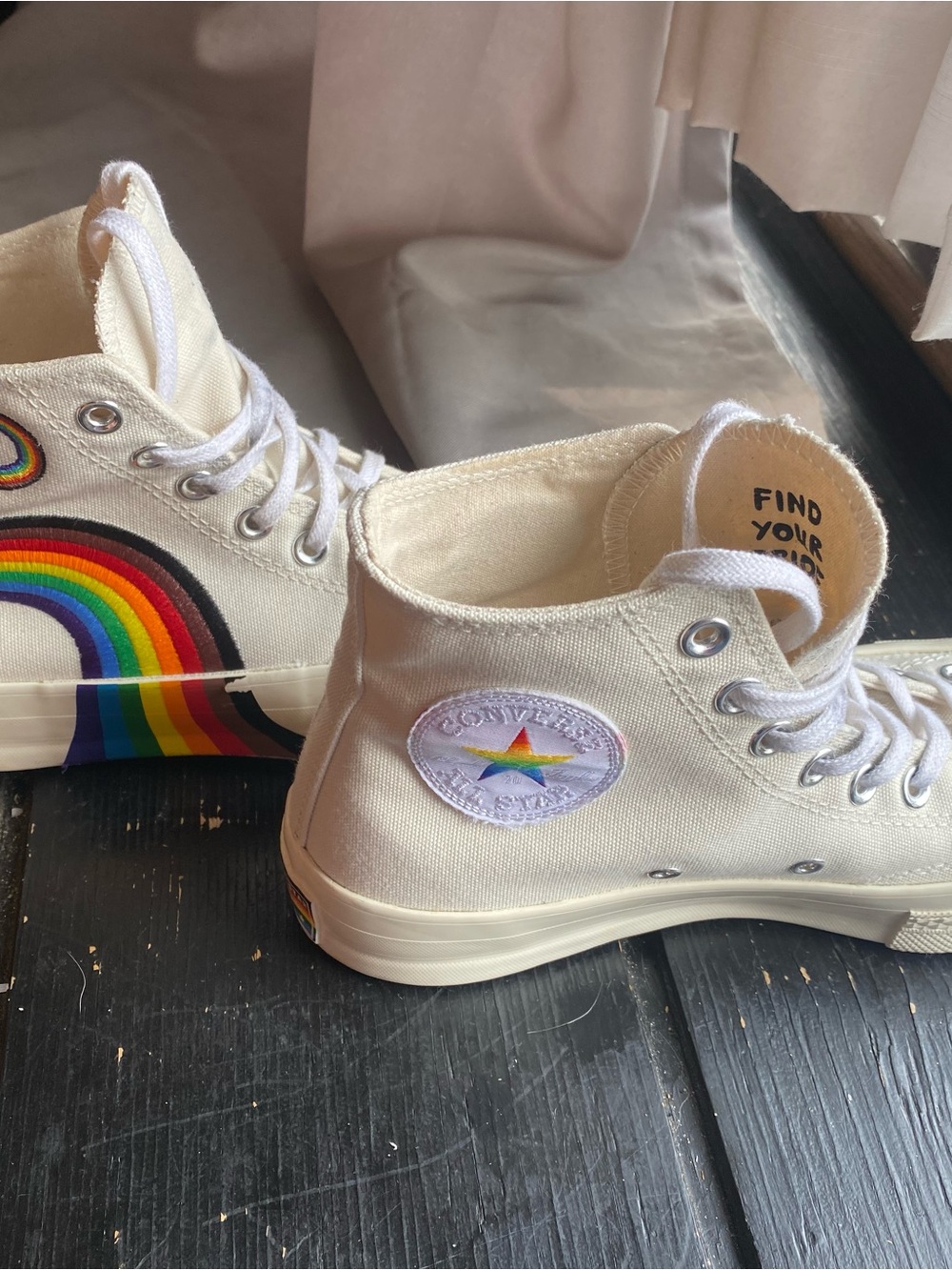 Converse High Top Sneakers - White with Rainbow Accent Womans 8.5 mens6.5
